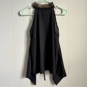 NWT Black and Gold Sheer High Neck Open Back Asymmetrical Halter Top - Small